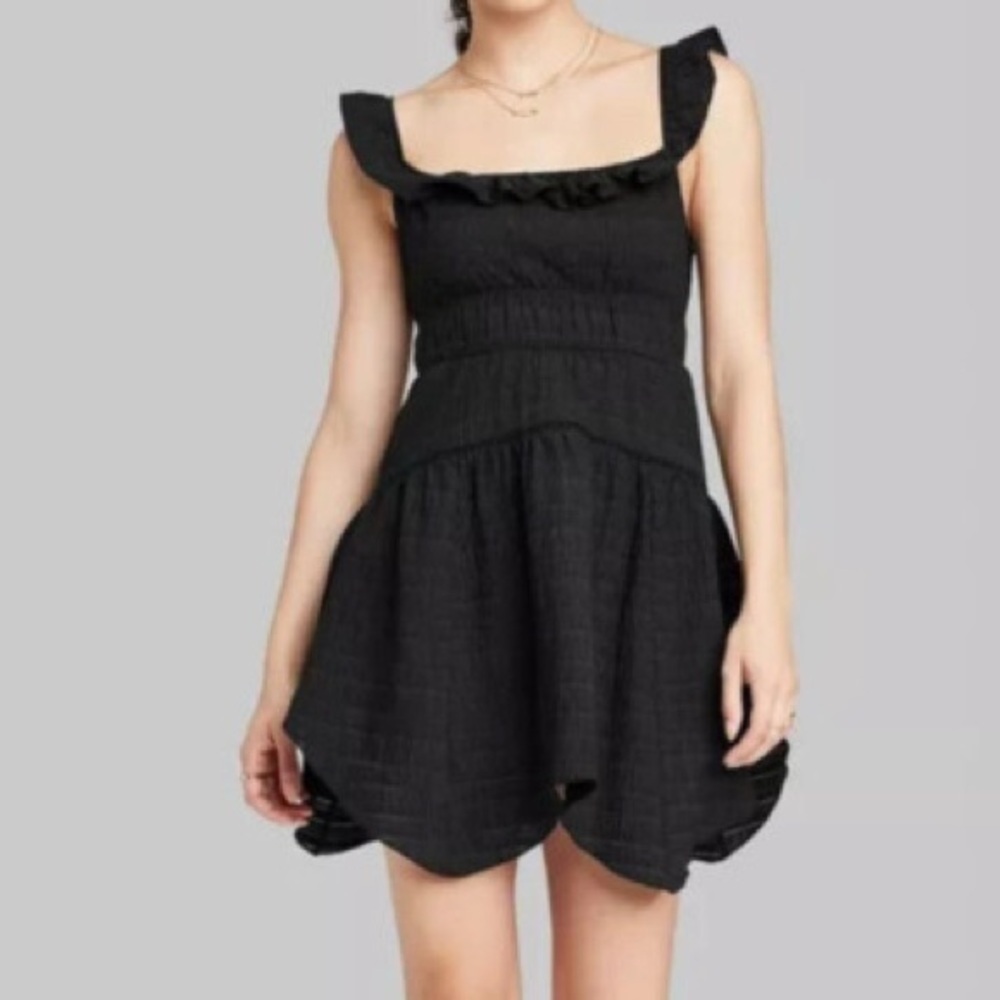Black Skater Mini Dress Medium Ruffle Strap Fit & Flare Whimsigoth Fairycore
